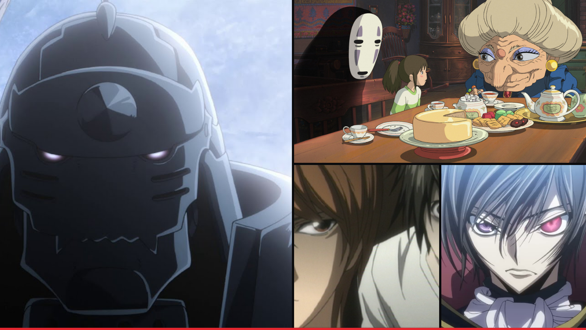 Official artwork from Fullmetal Alchemist: Brotherhood, Spirited Away, Death Note and Code Geass