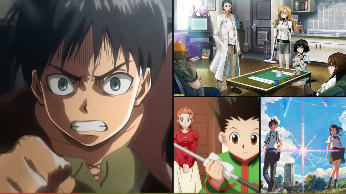 Official artwork from Attack on Titan, Steins;Gate, Hunter x Hunter and Demon Slayer