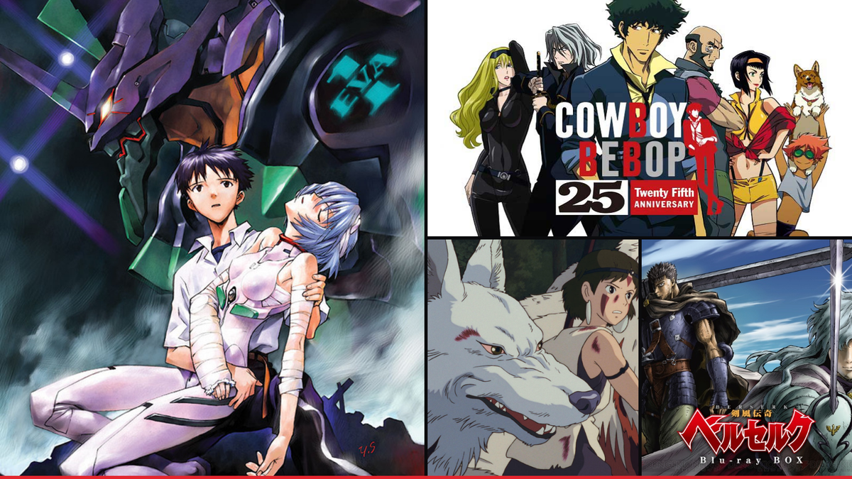 Official artwork from Neon Genesis Evangelion, Cowboy Bebop, Princess Mononoke and Berserk