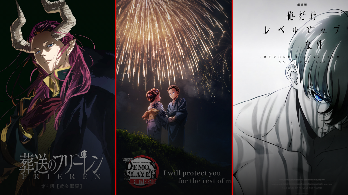 Frieren, Demon Slayer and Solo Leveling key visuals side by side