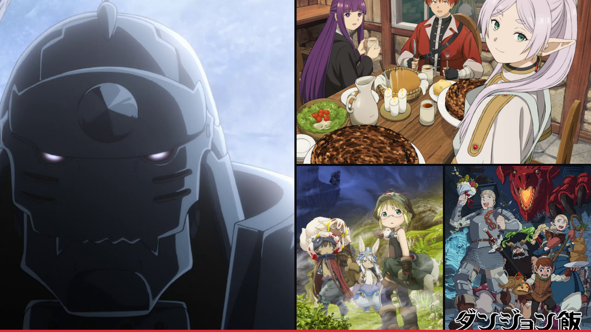 Official artwork from Fullmetal Alchemist: Brotherhood, Frieren, Made in Abyss and Delicious in Dungeon