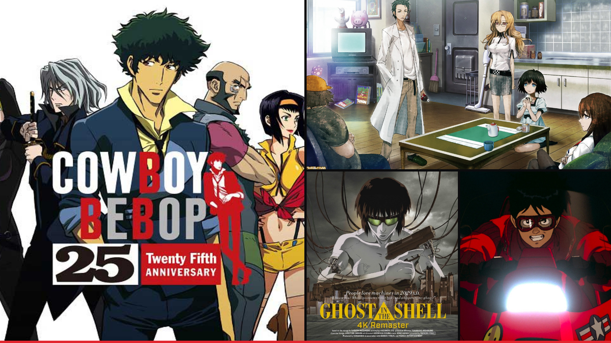 Official artwork from Cowboy Bebop, Steins;Gate, Ghost in the Shell and Akira