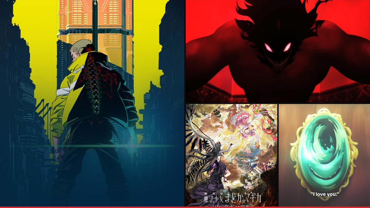 Official artwork from Cyberpunk: Edgerunners, Devilman Crybaby, Madoka Magica and Violet Evergarden