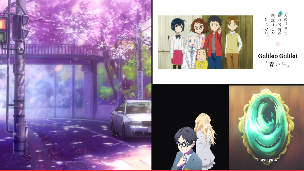 Official artwork from Clannad, anohana, Your Lie in April and Violet Evergarden