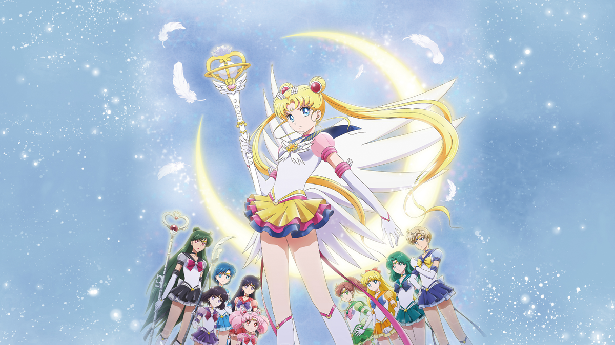 Eternal Sailor Moon and the Sailor Guardians in their sailor fuku, from the official Sailor Moon Cosmos key visual