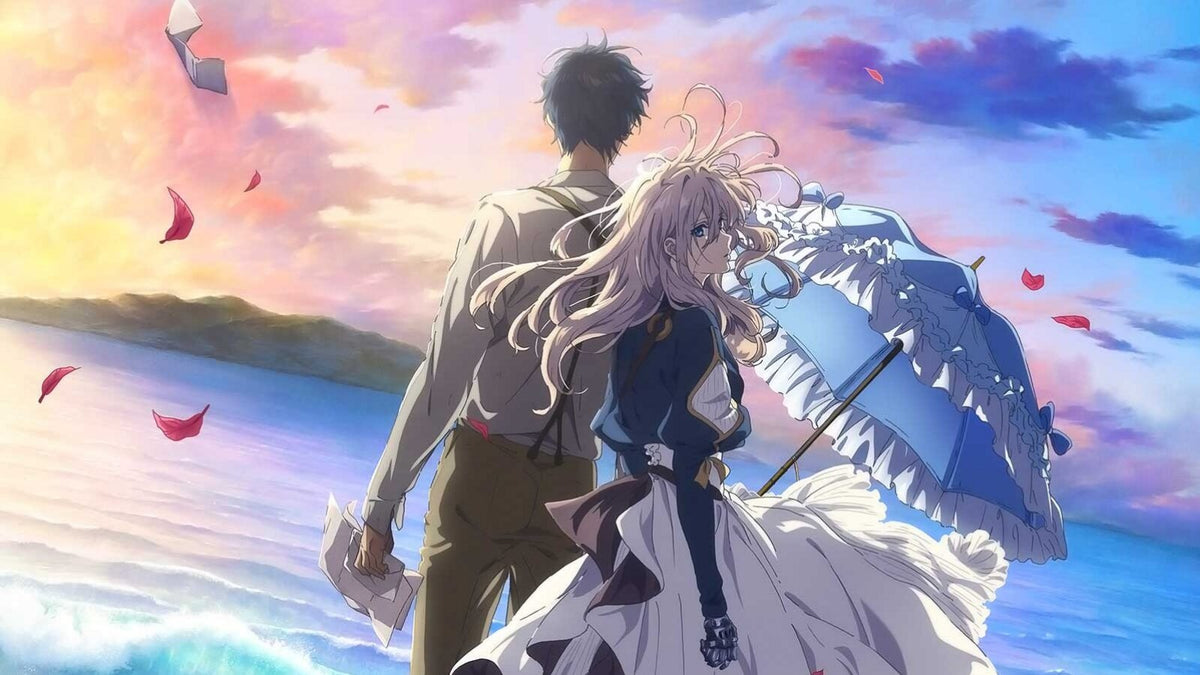 Violet Evergarden and Gilbert by the sea, from the official film key visual