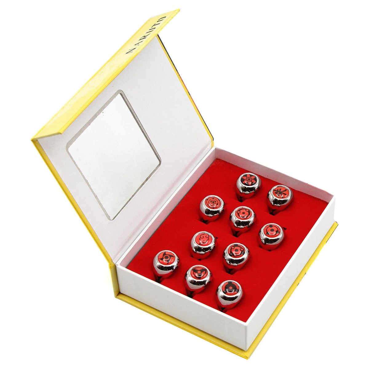 Anime Crush Naruto Shippuden Akatsuki stainless steel ring box set showing the full set of member rings
