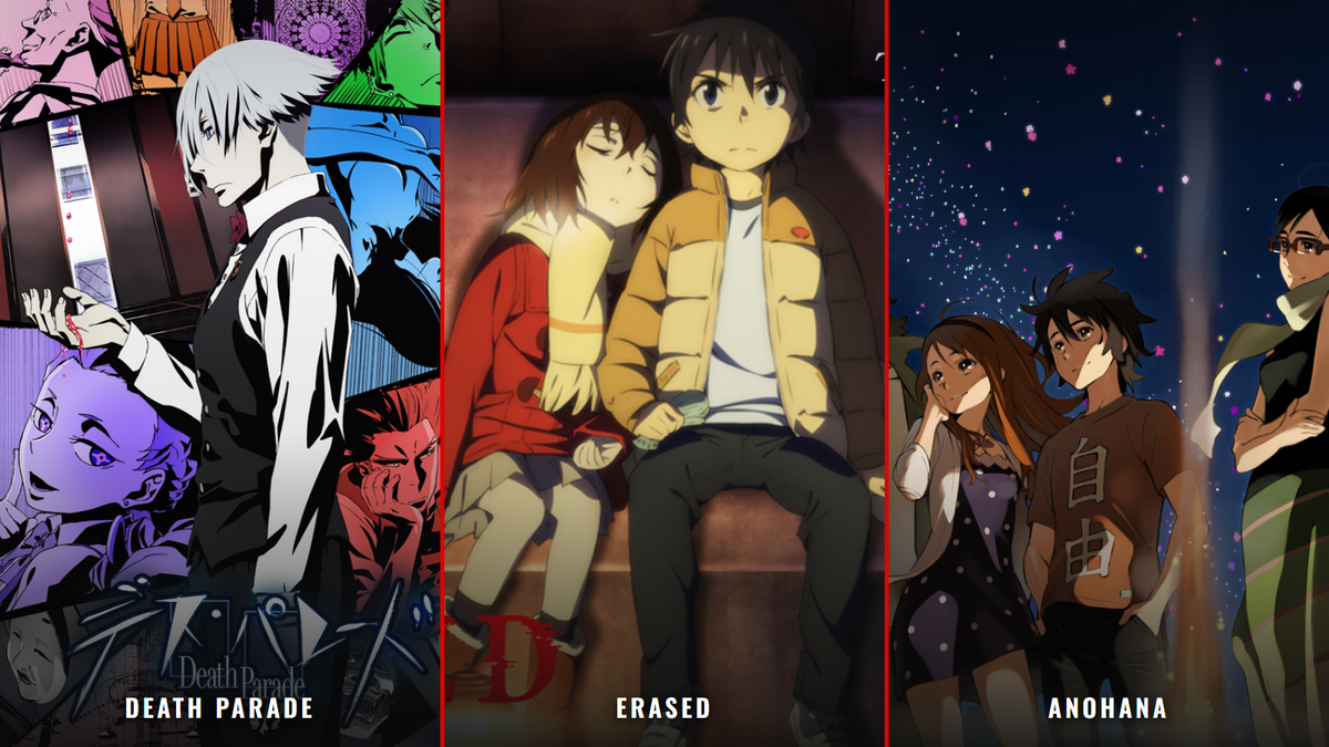 Death Parade, ERASED and anohana key visuals side by side