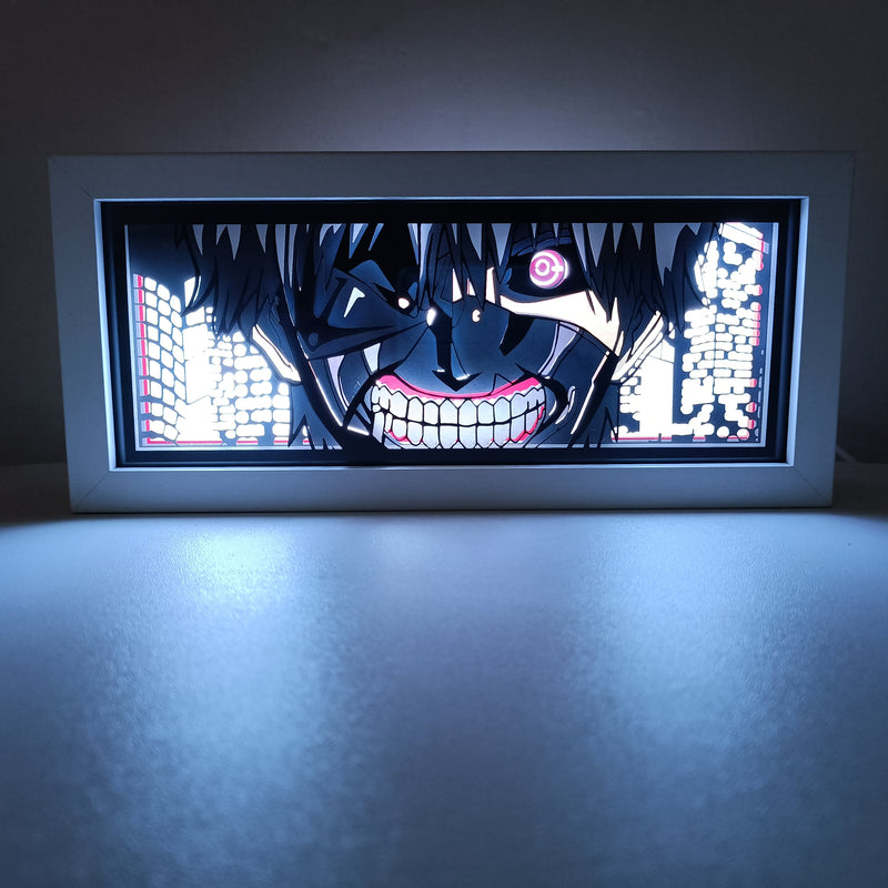 Custom Tokyo Ghoul light box with 3D paper carving and RGB LED lights featuring Ken Kaneki. Perfect for anime gifts, Christmas decor, and Tokyo Ghoul fans. Remote-controlled colors create a dark, intense ambiance for any space. Ideal for holidays, birthdays, or special occasions, celebrating Kaneki’s transformation, his struggle between human and ghoul, and his iconic mask. A must-have for Tokyo Ghoul fans looking to showcase the thrilling, haunting world of ghouls.