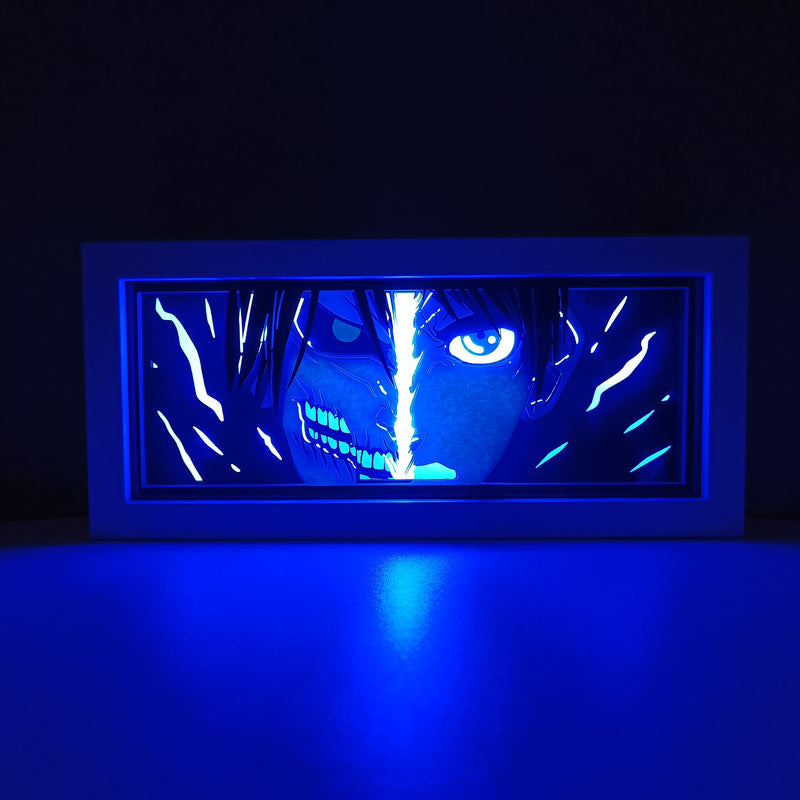 Attack on Titan anime light box with 3D paper carving and LED RGB lighting. Featuring Eren Yeager and the Colossal Titan, this custom handmade light box offers remote-controlled color options like blue, red, and white, perfect for bedroom or desk decor. Ideal for fans of the Survey Corps and humanity’s fight for survival, this light box brings the apocalyptic world of Attack on Titan to life