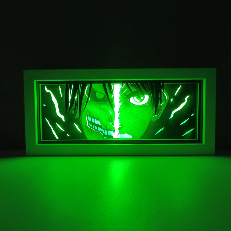 Attack on Titan anime light box with 3D paper carving and LED RGB lighting. Featuring Eren Yeager and the Colossal Titan, this custom handmade light box offers remote-controlled color options like blue, red, and white, perfect for bedroom or desk decor. Ideal for fans of the Survey Corps and humanity’s fight for survival, this light box brings the apocalyptic world of Attack on Titan to life