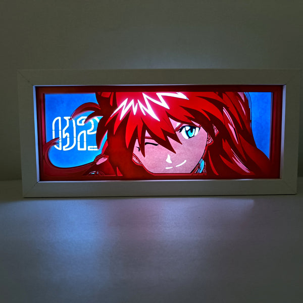 Custom Neon Genesis Evangelion light box with 3D paper carving and RGB LED lights featuring Asuka Langley Soryu and EVA Unit-02. Perfect for anime gifts, Christmas decor, and Asuka fans. Remote-controlled colors create a bold, dynamic ambiance for any space. Ideal for holidays, birthdays, or special occasions, celebrating Asuka’s fierce confidence and iconic Eva battles. A must-have for Evangelion fans.