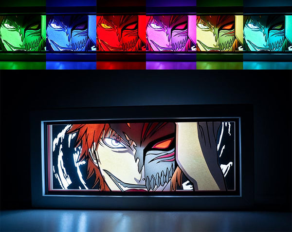 Bleach anime light box with custom 3D paper carving and LED RGB lighting. Featuring Ichigo Kurosaki in his Soul Reaper form, this handmade light box offers remote-controlled colors and is perfect for adding a dynamic, spiritual vibe to your home decor. Ideal for Bleach fans and anime lovers