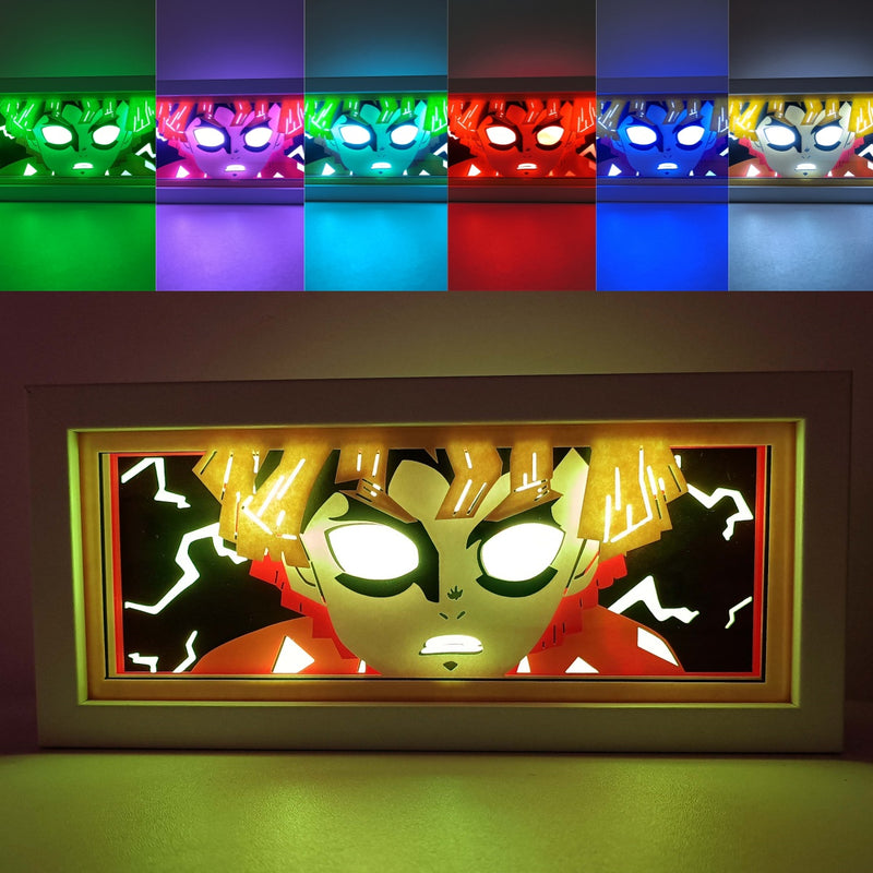 Custom Demon Slayer anime light box with 3D paper carving and RGB LED lights featuring Tanjiro and Nezuko. Perfect for anime gifts, Christmas decorations, and decor for fans and collectors. Remote-controlled colors create a vibrant, action-packed ambiance for bedrooms, desks, or anime-themed spaces. This handmade piece is an ideal gift for holidays or birthdays, designed for lovers of intense battles and stunning anime decor. A must-have for Demon Slayer fans looking to enhance their collection.