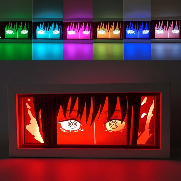 hainsaw Man anime light box with 3D paper carving and LED RGB lights, featuring Denji and Pochita. This custom handmade light box brings the intense action of Chainsaw Man to life with remote-controlled colors. Perfect for adding a gritty, rebellious touch to your bedroom, desk, or anime-themed decor