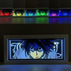 Custom Death Note anime light box with 3D paper carving and RGB LED lights featuring Light Yagami and Ryuk. Perfect for anime gifts, Christmas decorations, and decor for fans and collectors. Remote-controlled colors create a dark, mysterious ambiance for bedrooms, desks, or anime-themed spaces. This handmade piece is an ideal gift for holidays or birthdays, designed for lovers of psychological thrillers and iconic anime decor. A must-have for Death Note fans looking to enhance their collection.