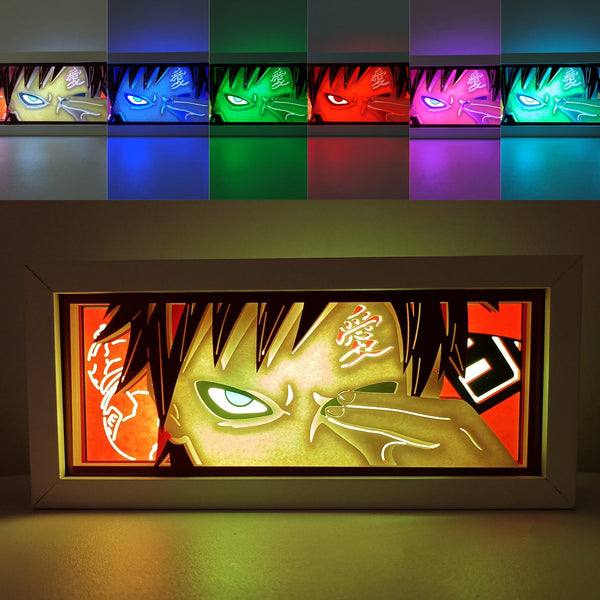 Custom Naruto light box with 3D paper carving and RGB LED lights featuring Gaara of the Sand. Perfect for anime gifts, Christmas decor, and Gaara fans. Remote-controlled colors create a serene yet powerful ambiance for any space. Ideal for holidays, birthdays, or special occasions, celebrating Gaara’s mastery of sand manipulation, his transformation from a feared Jinchuriki to Kazekage, and his deep character development. A must-have for Naruto fans looking to honor the strength and redemption of the Sand V