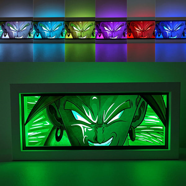 Custom Dragon Ball Super: Broly light box with 3D paper carving and RGB LED lights featuring Broly in his legendary Super Saiyan form. Perfect for anime gifts, Christmas decor, and Broly fans. Remote-controlled colors create a powerful, dynamic ambiance for any space. Ideal gift for holidays or birthdays, celebrating Broly's immense power and epic battles. A must-have for Dragon Ball Super fans.