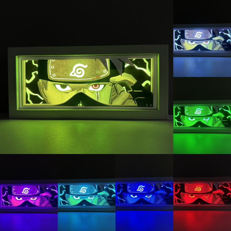 ustom Naruto light box with 3D paper carving and RGB LED lights featuring Kakashi Hatake. Perfect for anime gifts, Christmas decor, and Kakashi fans. Remote-controlled colors create a cool, stealthy ambiance for any space. Ideal for holidays, birthdays, or special occasions, celebrating Kakashi’s mastery of the Sharingan, his leadership of Team 7, and his calm, skilled persona. A must-have for Naruto fans looking to add the legendary Copy Ninja to their collection.