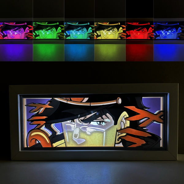 Custom JoJo's Bizarre Adventure light box with 3D paper carving and RGB LED lights featuring Jotaro and Star Platinum. Perfect for anime gifts, Christmas decor, and JoJo’s Bizarre Adventure fans. Remote-controlled colors create a bold, stand-powered ambiance for any space. Ideal gift for holidays or birthdays, celebrating Jotaro’s iconic battles and Stand abilities. A must-have for JoJo fans looking to enhance their collection.