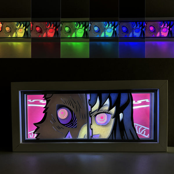 Custom Demon Slayer anime light box with 3D paper carving and RGB LED lights featuring Tanjiro and Nezuko. Perfect for anime gifts, Christmas decorations, and decor for fans and collectors. Remote-controlled colors create a vibrant, action-packed ambiance for bedrooms, desks, or anime-themed spaces. This handmade piece is an ideal gift for holidays or birthdays, designed for lovers of intense battles and stunning anime decor. A must-have for Demon Slayer fans looking to enhance their collection.