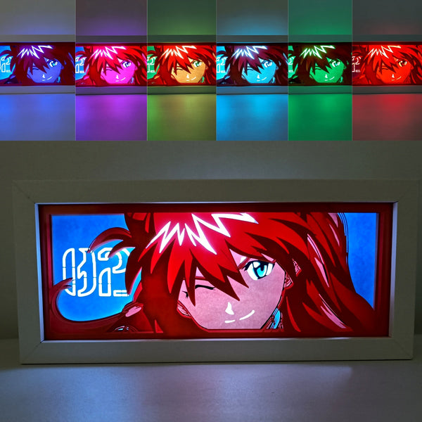 Custom Neon Genesis Evangelion light box with 3D paper carving and RGB LED lights featuring Asuka Langley Soryu and EVA Unit-02. Perfect for anime gifts, Christmas decor, and Asuka fans. Remote-controlled colors create a bold, dynamic ambiance for any space. Ideal for holidays, birthdays, or special occasions, celebrating Asuka’s fierce confidence and iconic Eva battles. A must-have for Evangelion fans.