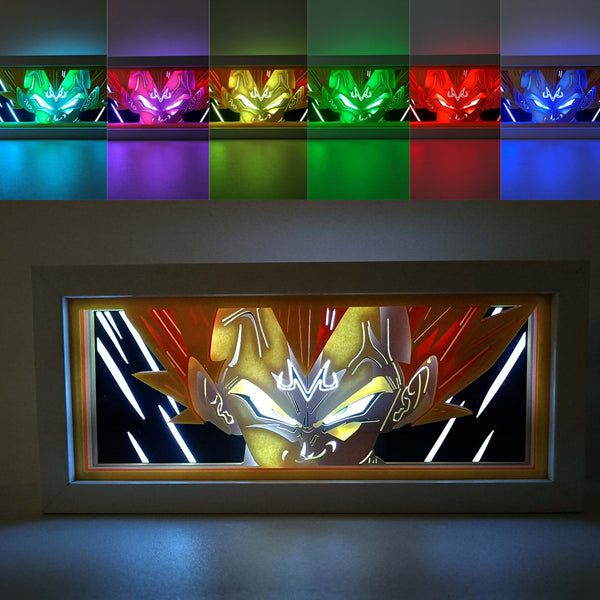 Custom Dragon Ball Z light box with 3D paper carving and RGB LED lights featuring Vegeta in his Majin form. Perfect for anime gifts, Christmas decor, and Vegeta fans. Remote-controlled colors create a fierce, intense ambiance for any space. Ideal gift for holidays or birthdays, celebrating Majin Vegeta's power and epic battles. A must-have for Dragon Ball Z fans.