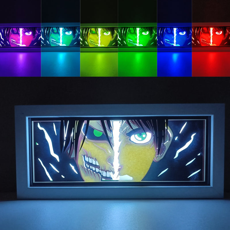 Attack on Titan anime light box with 3D paper carving and LED RGB lighting. Featuring Eren Yeager and the Colossal Titan, this custom handmade light box offers remote-controlled color options like blue, red, and white, perfect for bedroom or desk decor. Ideal for fans of the Survey Corps and humanity’s fight for survival, this light box brings the apocalyptic world of Attack on Titan to life