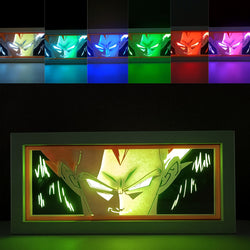 Custom Dragon Ball Z anime light box with 3D paper carving and RGB LED lights featuring Vegeta in his iconic Saiyan Prince form. Perfect for anime gifts, Christmas decorations, and decor for Vegeta fans. Remote-controlled colors create a fierce, battle-ready ambiance for bedrooms or anime-themed spaces. This handmade piece is an ideal gift for holidays or birthdays, highlighting Vegeta’s Final Flash and Saiyan pride. A must-have for Dragon Ball Z fans to showcase their love for the Prince of Saiyans