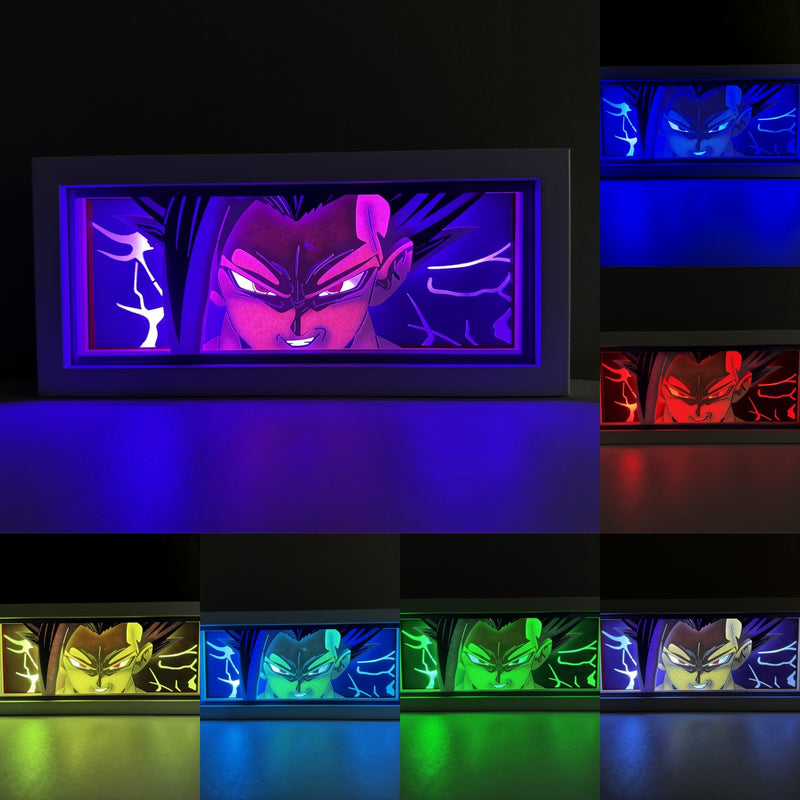 Custom Dragon Ball Z light box with 3D paper carving and RGB LED lights featuring Goku in his iconic Super Saiyan form. Perfect for anime gifts, Christmas decor, and Goku fans. Remote-controlled colors create a powerful, dynamic ambiance for any space. Ideal gift for holidays or birthdays, celebrating Goku’s epic battles and transformations. A must-have for Dragon Ball Z fans.
