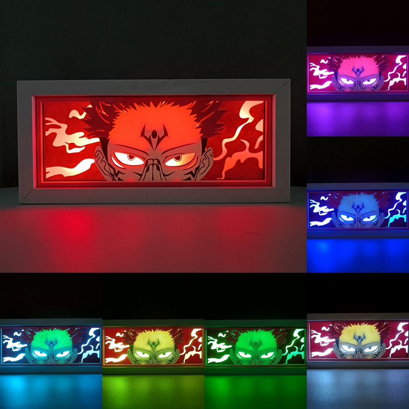 Custom Jujutsu Kaisen light box with 3D paper carving and RGB LED lights featuring Yuji Itadori and Sukuna. Perfect for anime gifts, Christmas decor, and Jujutsu Kaisen fans. Remote-controlled colors create a dark, cursed energy ambiance for any space. Ideal gift for holidays or birthdays, celebrating the intense battles and powerful curses from the series. A must-have for Jujutsu Kaisen fans looking to enhance their collection