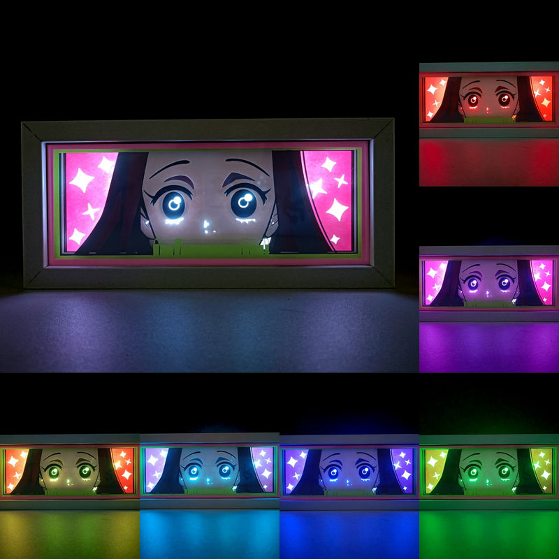 Custom Demon Slayer anime light box with 3D paper carving and RGB LED lights featuring Tanjiro and Nezuko. Perfect for anime gifts, Christmas decorations, and decor for fans and collectors. Remote-controlled colors create a vibrant, action-packed ambiance for bedrooms, desks, or anime-themed spaces. This handmade piece is an ideal gift for holidays or birthdays, designed for lovers of intense battles and stunning anime decor. A must-have for Demon Slayer fans looking to enhance their collection.