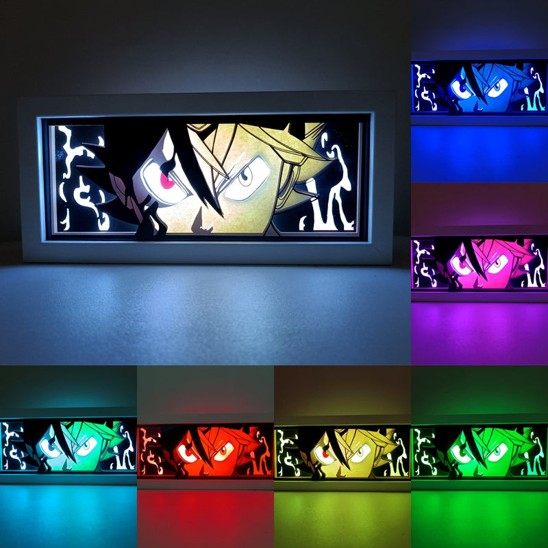 Custom Black Clover anime light box with 3D paper carving and RGB LED lights featuring Asta and Yuno. Perfect for anime gifts, Christmas decorations, and decor for fans and collectors. Remote-controlled colors bring the world of Black Clover to life, creating a vibrant, action-packed ambiance for bedrooms, desks, or anime-themed spaces. This handmade piece is the ideal gift for holidays or birthdays, designed for fans who love epic magic battles and stunning anime decor. A must-have for Black Clover fan