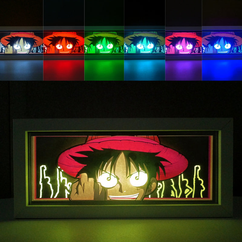 Custom One Piece light box with 3D paper carving and RGB LED lights featuring Monkey D. Luffy. Perfect for anime gifts, Christmas decor, and Luffy fans. Remote-controlled colors create a vibrant, adventurous ambiance for any space. Ideal for holidays, birthdays, or special occasions, celebrating Luffy’s boundless spirit, epic battles, and quest to become the Pirate King. A must-have for One Piece fans.