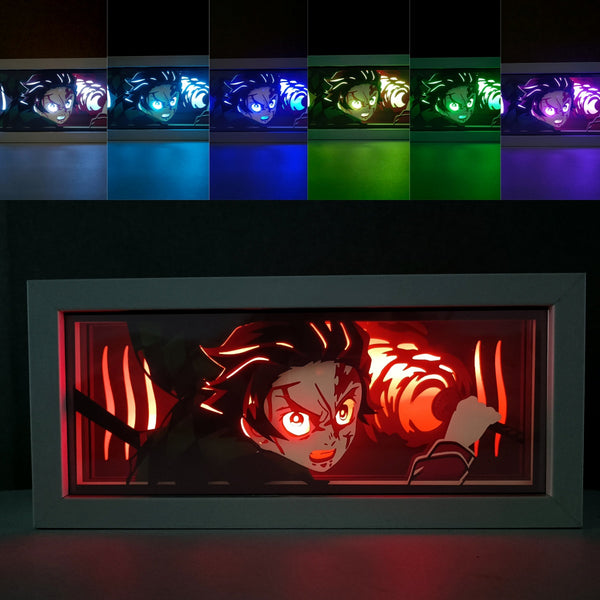 Custom Demon Slayer anime light box with 3D paper carving and RGB LED lights featuring Tanjiro and Nezuko. Perfect for anime gifts, Christmas decorations, and decor for fans and collectors. Remote-controlled colors create a vibrant, action-packed ambiance for bedrooms, desks, or anime-themed spaces. This handmade piece is an ideal gift for holidays or birthdays, designed for lovers of intense battles and stunning anime decor. A must-have for Demon Slayer fans looking to enhance their collection.