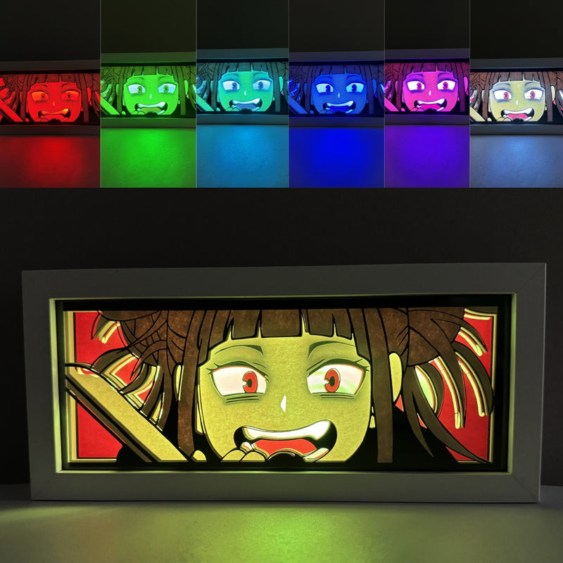 Custom My Hero Academia light box with 3D paper carving and RGB LED lights featuring Himiko Toga. Perfect for anime gifts, Christmas decor, and Toga fans. Remote-controlled colors create a dark, mischievous ambiance for any space. Ideal for holidays, birthdays, or special occasions, celebrating Toga’s chaotic personality and dangerous Quirk. A must-have for My Hero Academia fans who love villains and want to add a touch of sinister charm to their collection.