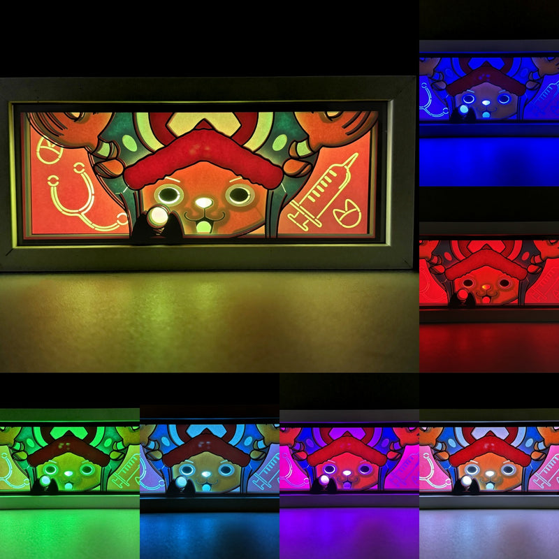 Custom One Piece light box with 3D paper carving and RGB LED lights featuring Tony Tony Chopper. Perfect for anime gifts, Christmas decor, and Chopper fans. Remote-controlled colors create a cute, heartwarming ambiance for any space. Ideal for holidays, birthdays, or special occasions, celebrating Chopper’s adorable charm, medical skills, and his journey with the Straw Hat Pirates. A must-have for One Piece fans.