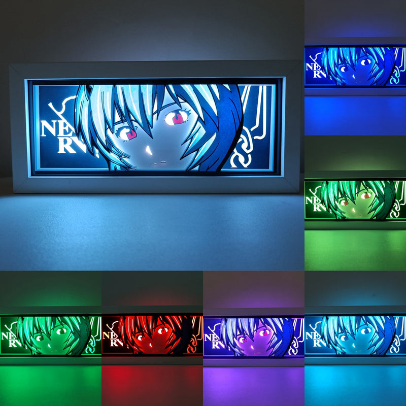 Custom Neon Genesis Evangelion light box with 3D paper carving and RGB LED lights featuring Rei Ayanami and EVA Unit-00. Perfect for anime gifts, Christmas decor, and Rei fans. Remote-controlled colors create a calm, ethereal ambiance for any space. Ideal for holidays, birthdays, or special occasions, celebrating Rei’s mysterious character and iconic role in the series. A must-have for Evangelion fans.