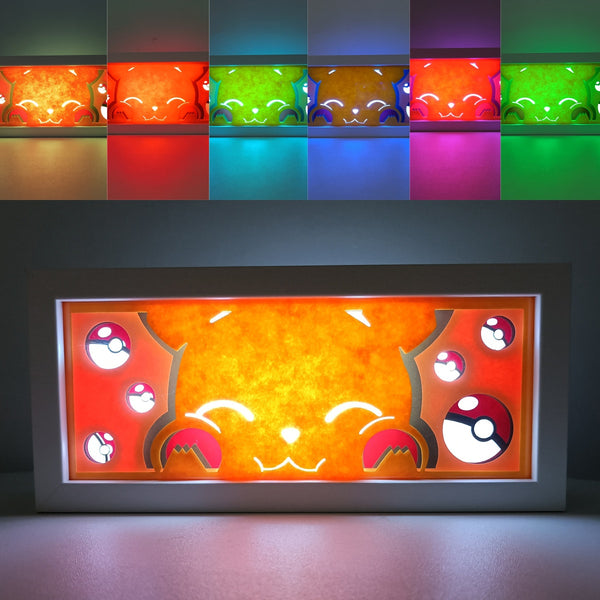 Custom Pokémon light box with 3D paper carving and RGB LED lights featuring Pikachu. Perfect for anime gifts, Christmas decor, and Pokémon fans. Remote-controlled colors create a bright, cheerful ambiance for any space. Ideal for holidays, birthdays, or special occasions, celebrating Pikachu’s electrifying charm, iconic status, and adventures with Ash. A must-have for Pokémon lovers looking to add the beloved electric-type to their collection.