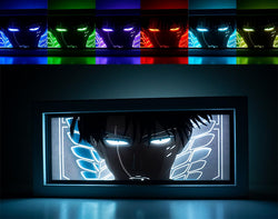 Attack on Titan anime light box with 3D paper carving and LED RGB lighting. Featuring Eren Yeager and the Colossal Titan, this custom handmade light box offers remote-controlled color options like blue, red, and white, perfect for bedroom or desk decor. Ideal for fans of the Survey Corps and humanity’s fight for survival, this light box brings the apocalyptic world of Attack on Titan to life