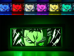 Custom One Piece light box with 3D paper carving and RGB LED lights featuring Roronoa Zoro. Perfect for anime gifts, Christmas decor, and Zoro fans. Remote-controlled colors create a fierce, determined ambiance for any space. Ideal for holidays, birthdays, or special occasions, celebrating Zoro’s swordsmanship, loyalty, and quest to become the world’s greatest swordsman. A must-have for One Piece fans.