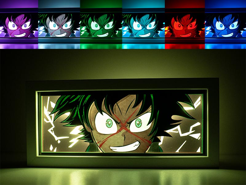 Custom My Hero Academia light box with 3D paper carving and RGB LED lights featuring Izuku "Deku" Midoriya. Perfect for anime gifts, Christmas decor, and Deku fans. Remote-controlled colors create an inspiring, heroic ambiance for any space. Ideal for holidays, birthdays, or special occasions, celebrating Deku’s One for All Quirk and his journey to becoming the greatest hero. A must-have for My Hero Academia fans looking to enhance their collection with a touch of Plus Ultra spirit