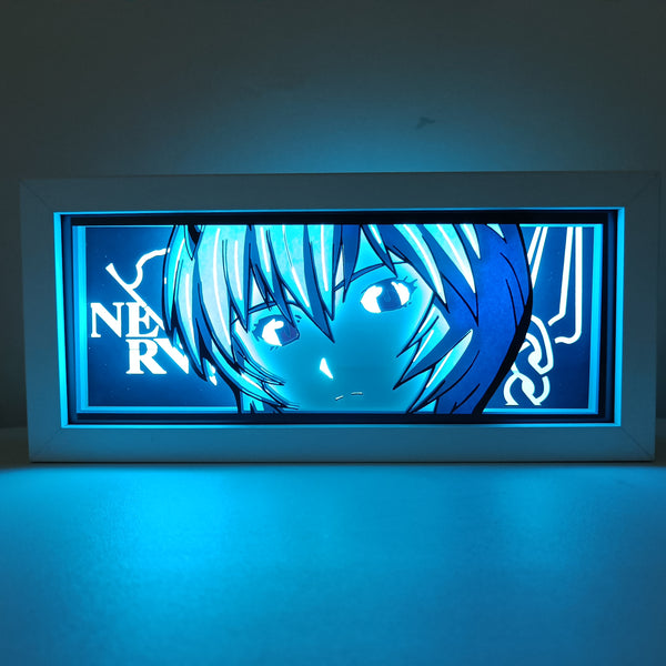 Custom Neon Genesis Evangelion light box with 3D paper carving and RGB LED lights featuring Rei Ayanami and EVA Unit-00. Perfect for anime gifts, Christmas decor, and Rei fans. Remote-controlled colors create a calm, ethereal ambiance for any space. Ideal for holidays, birthdays, or special occasions, celebrating Rei’s mysterious character and iconic role in the series. A must-have for Evangelion fans.