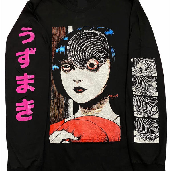 Junji Ito Uzumaki hoodie long sleeve crew neck sweater horror manga apparel premium anime clothing spiral design inspired by Junji Ito high-quality anime sweatshirt stylish and comfortable cosplay wear unique horror anime fashion durable hoodie soft fabric collectible anime merchandise perfect gift for horror manga fans manga-inspired hoodie creepy anime clothing everyday anime outfit Uzumaki apparel