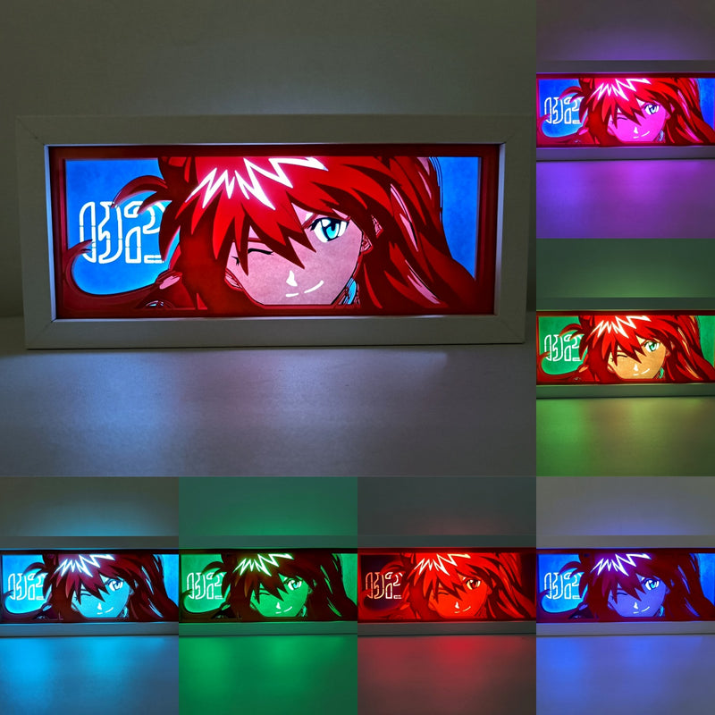 Custom Neon Genesis Evangelion light box with 3D paper carving and RGB LED lights featuring Asuka Langley Soryu and EVA Unit-02. Perfect for anime gifts, Christmas decor, and Asuka fans. Remote-controlled colors create a bold, dynamic ambiance for any space. Ideal for holidays, birthdays, or special occasions, celebrating Asuka’s fierce confidence and iconic Eva battles. A must-have for Evangelion fans.