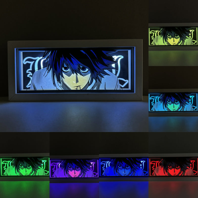 Custom Death Note anime light box with 3D paper carving and RGB LED lights featuring Light Yagami and Ryuk. Perfect for anime gifts, Christmas decorations, and decor for fans and collectors. Remote-controlled colors create a dark, mysterious ambiance for bedrooms, desks, or anime-themed spaces. This handmade piece is an ideal gift for holidays or birthdays, designed for lovers of psychological thrillers and iconic anime decor. A must-have for Death Note fans looking to enhance their collection.