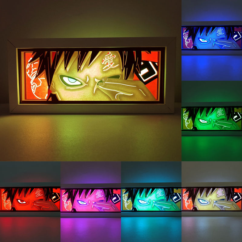 Custom Naruto light box with 3D paper carving and RGB LED lights featuring Gaara of the Sand. Perfect for anime gifts, Christmas decor, and Gaara fans. Remote-controlled colors create a serene yet powerful ambiance for any space. Ideal for holidays, birthdays, or special occasions, celebrating Gaara’s mastery of sand manipulation, his transformation from a feared Jinchuriki to Kazekage, and his deep character development. A must-have for Naruto fans looking to honor the strength and redemption of the Sand V