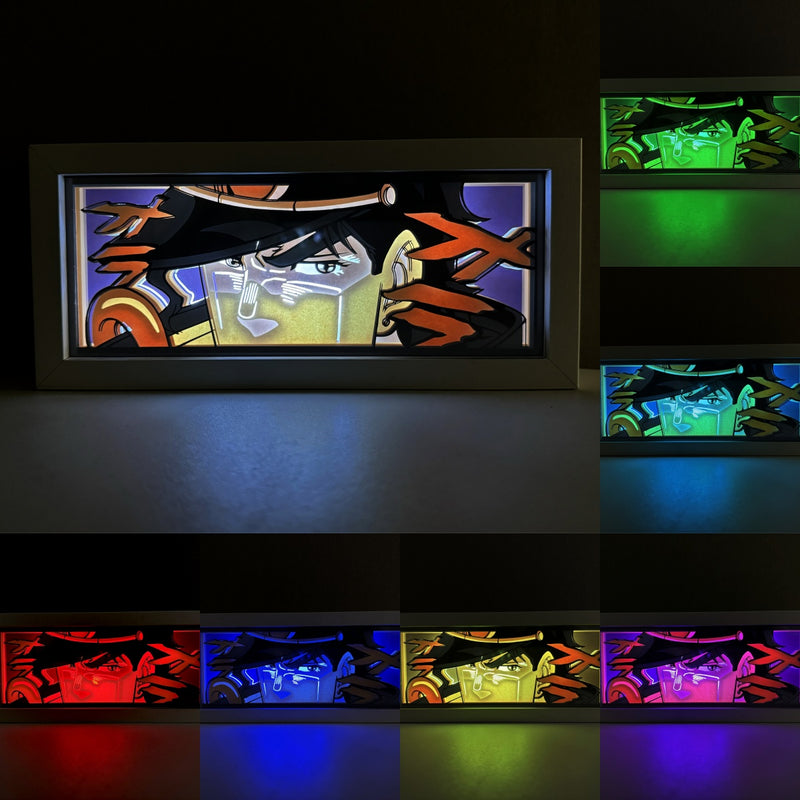 Custom JoJo's Bizarre Adventure light box with 3D paper carving and RGB LED lights featuring Jotaro and Star Platinum. Perfect for anime gifts, Christmas decor, and JoJo’s Bizarre Adventure fans. Remote-controlled colors create a bold, stand-powered ambiance for any space. Ideal gift for holidays or birthdays, celebrating Jotaro’s iconic battles and Stand abilities. A must-have for JoJo fans looking to enhance their collection.