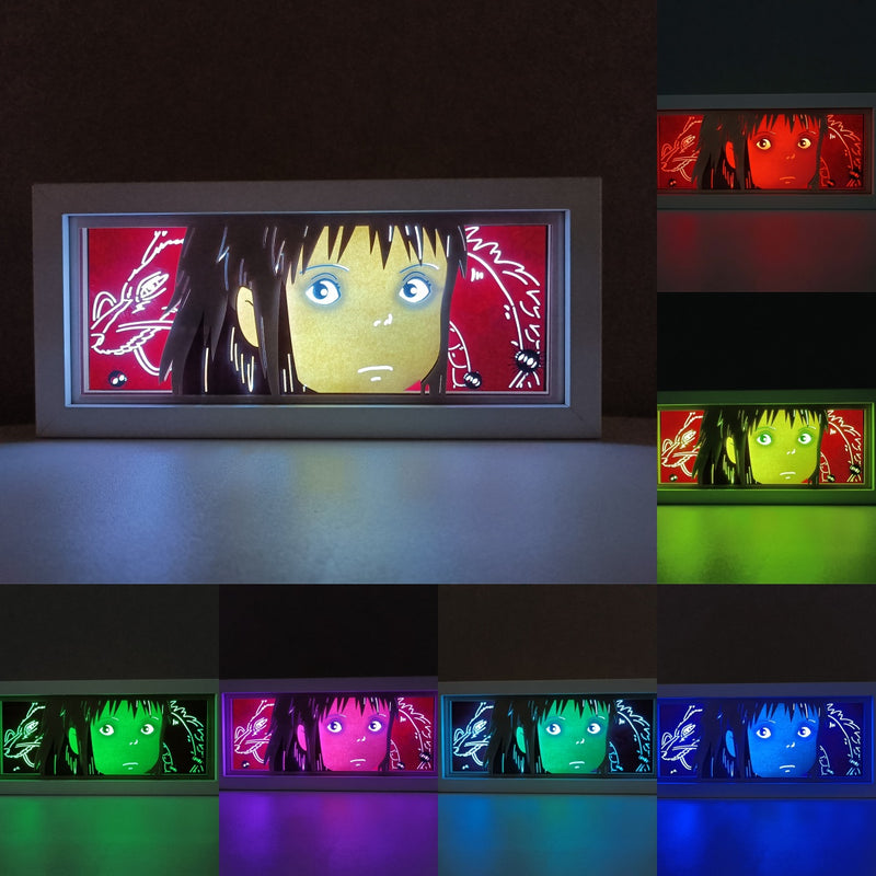 Custom Spirited Away light box with 3D paper carving and RGB LED lights featuring Chihiro. Perfect for anime gifts, Christmas decor, and Spirited Away fans. Remote-controlled colors create a magical, whimsical ambiance for any space. Ideal for holidays, birthdays, or special occasions, celebrating Chihiro’s journey through the spirit world, her courage, and her unforgettable encounters. A must-have for fans of Spirited Away, Studio Ghibli, and enchanting anime adventures.