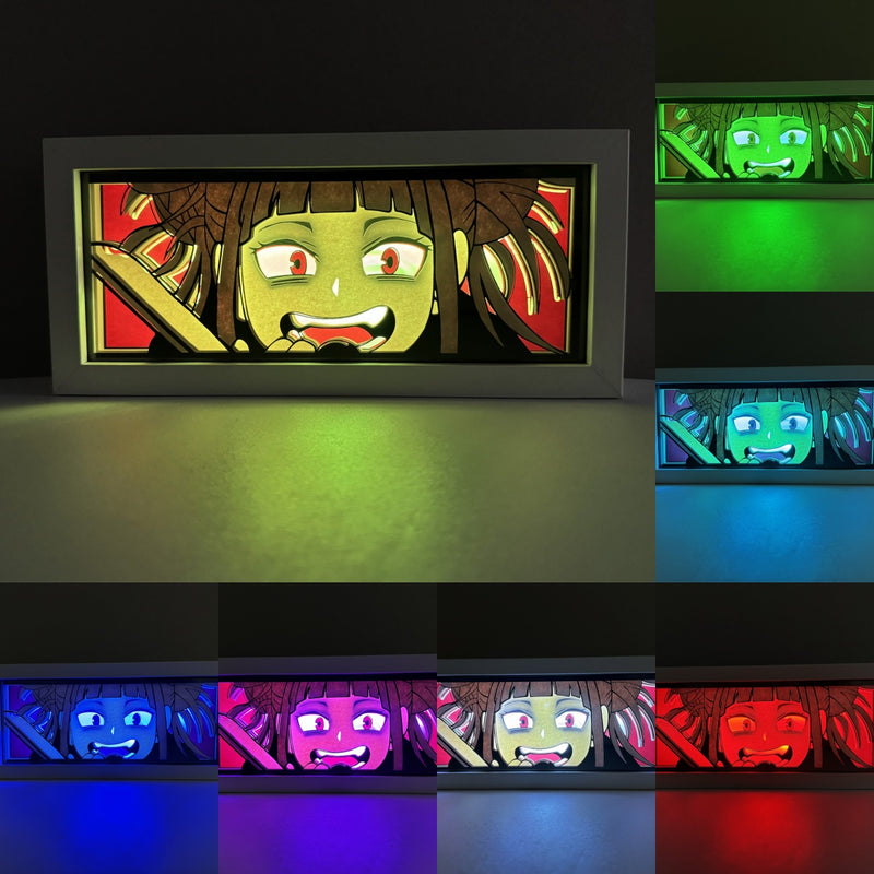 Custom My Hero Academia light box with 3D paper carving and RGB LED lights featuring Himiko Toga. Perfect for anime gifts, Christmas decor, and Toga fans. Remote-controlled colors create a dark, mischievous ambiance for any space. Ideal for holidays, birthdays, or special occasions, celebrating Toga’s chaotic personality and dangerous Quirk. A must-have for My Hero Academia fans who love villains and want to add a touch of sinister charm to their collection.